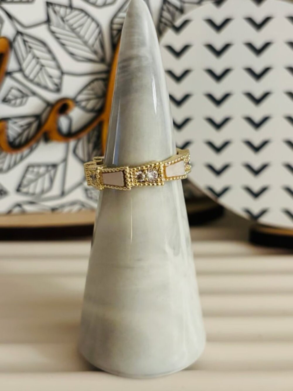 Boutique Gold CZ and Mother of Pearl Dainty Ring - Size 7